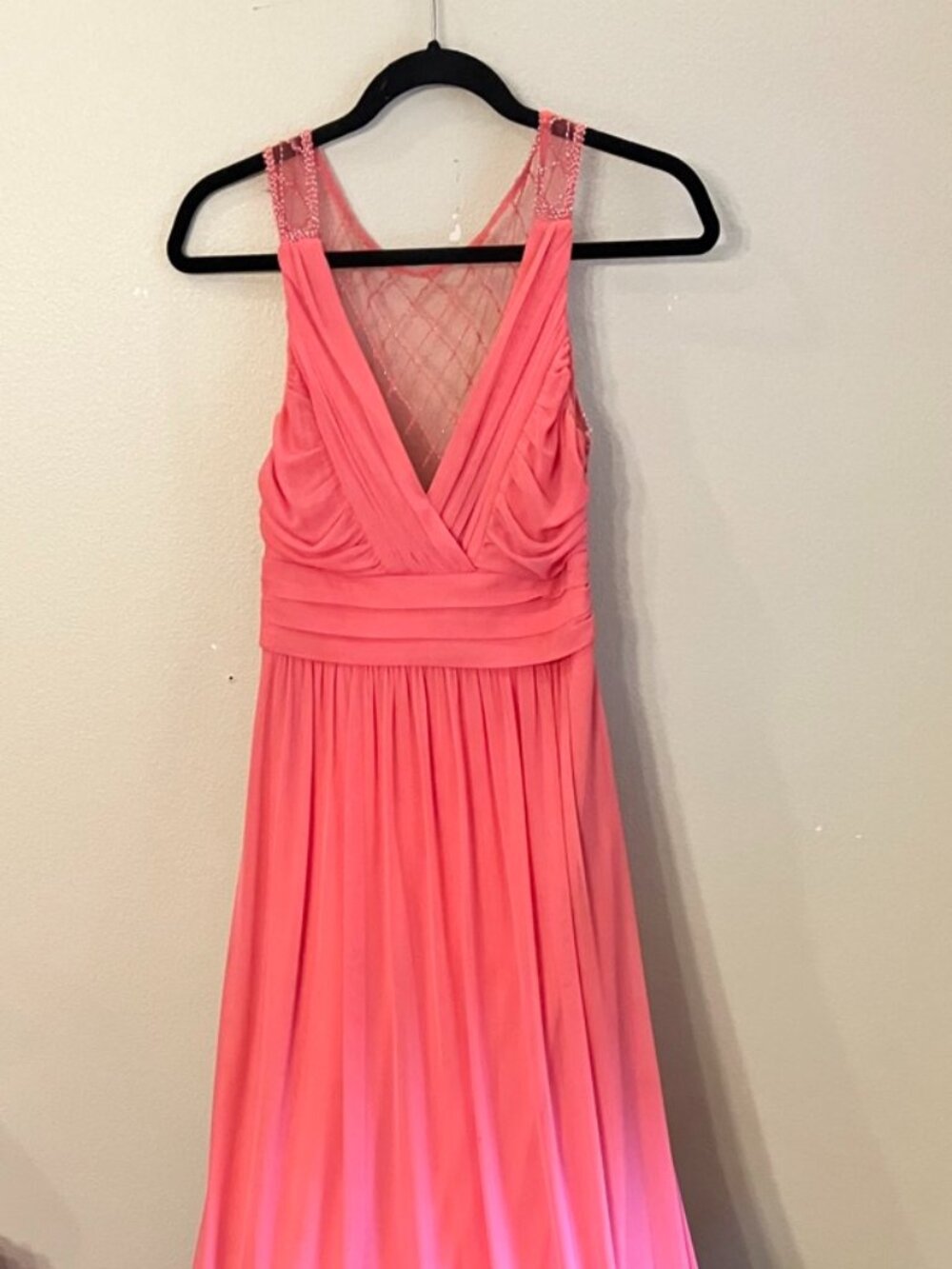 Way-In Clothing Co. Women's Coral Pink Maxi Dress Ruched V Neck Sleeveless